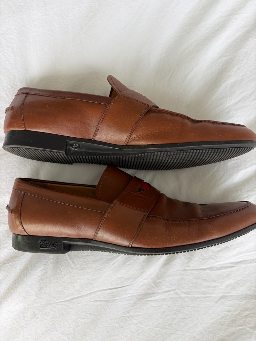 Gucci Brown Leather Slip-On Loafers with Red & Green Web Accent - Picture 3 of 9
